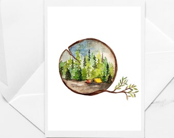 Camping scene | Camping, Natuur, Bos, Minimalistische kaart, Aquarelboom, Groenblijvende bomen, HANDBESCHILDERDE gevouwen notitiekaarten met enveloppen