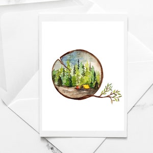 Scène de camping | Camping, Nature, Forêt, Carte minimaliste, Aquarelle d'arbre, Arbres à feuilles persistantes, Cartes de correspondance pliées PEINTES À LA MAIN avec enveloppes