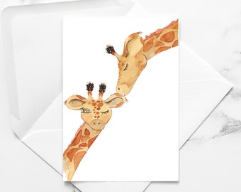 GIRAFFA / acquerello, mamma e bambino, immagine vivaio, animale Safari, biglietti d'auguri acquerello dipinto a mano con busta