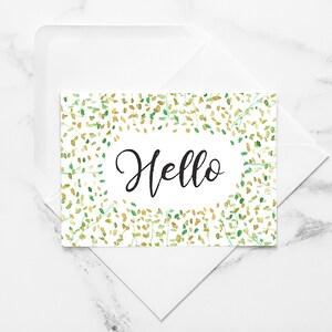 BONJOUR | Amusant, coloré, feuilles, carte minimaliste, carte nature, boutique JW, cartes de voeux aquarelles peintes à la main avec enveloppe
