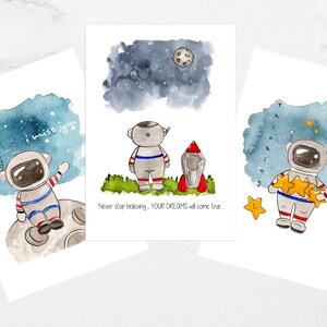 ASTRONAUT -denke an Dich | Astronaut auf Mond, Astronaut und die Sterne, Astronauten Träume, süße Karte, Aquarell Grußkarten mit Umschlag