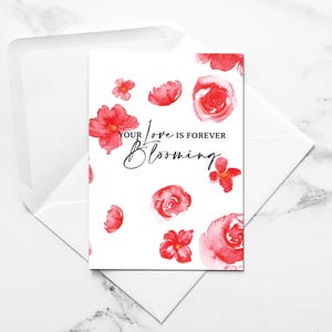 Bloeiende liefde |  Romantische aquarel bloemenwenskaart | Verjaardag, bruiloft, liefdeskaart met envelop