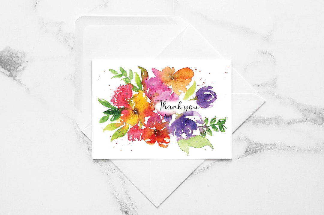 FLORAL THANK YOU | Watercolor Greeting Cards With Envelope - Etsy