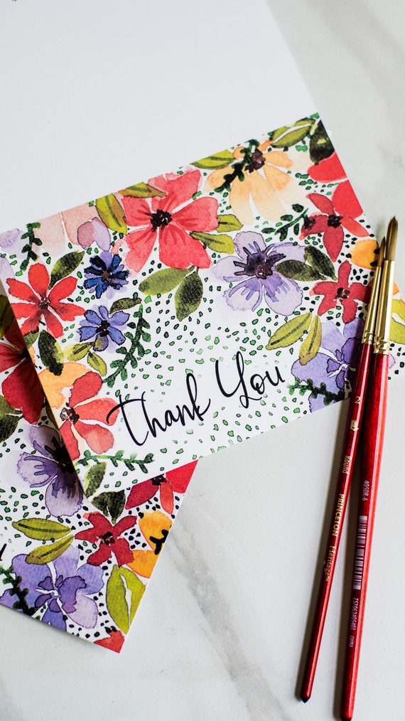 FLORAL THANK YOU Watercolor Greeting Cards with Envelope Etsy
