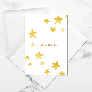 BIENVENIDO PEQUEÑO / Bienvenida al nuevo bebé, regalo de revelación, estrellas amarillas neutrales para nuevos padres, mamá, papá, celebración, tarjeta en blanco para recién nacidos