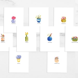 PACK VARIÉTÉ | Fleurs minimalistes, vases, panier, aquarelles peintes à la main, cartes de voeux avec enveloppe