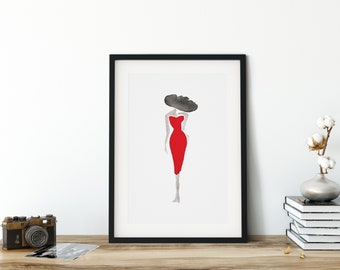 MUJER SILHOUETTE / Minimalista acuarela arte impresión, figuras de la mujer, mediados del siglo de lujo moderno, silueta contemporánea, vestido rojo