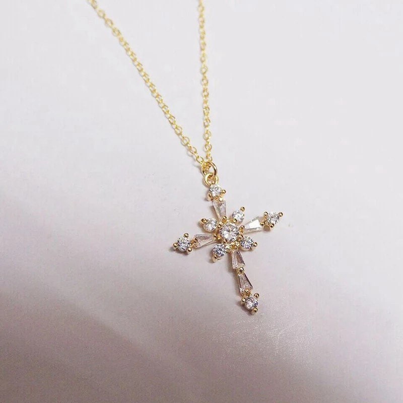 Beautiful Cross Necklace Gold Plated Cross Necklace Crystal Etsy