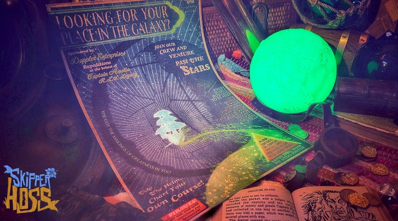 Puede incluir: Un p&oacute;ster vintage con un dise&ntilde;o de galaxia y el texto "Looking for your place in the galaxy?" El p&oacute;ster est&aacute; rodeado de varios objetos, incluyendo un orbe verde brillante, un libro y una caja de madera.