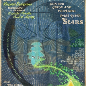 Puede incluir: Un cartel de reclutamiento de estilo vintage con un esquema de color azul y verde. El cartel anuncia la b&uacute;squeda de miembros de la tripulaci&oacute;n para unirse a una expedici&oacute;n espacial. El texto dice "&iquest;Buscas tu lugar en la galaxia?" y "&Uacute;nete a nuestra tripulaci&oacute;n y avent&uacute;rate m&aacute;s all&aacute; de las estrellas."
