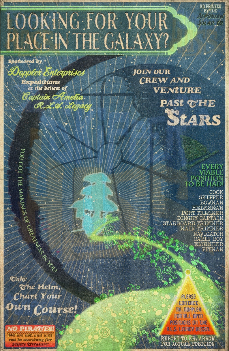Puede incluir: Un cartel de reclutamiento de estilo vintage con un esquema de color azul y verde. El cartel anuncia la b&uacute;squeda de miembros de la tripulaci&oacute;n para unirse a una expedici&oacute;n espacial. El texto dice "&iquest;Buscas tu lugar en la galaxia?" y "&Uacute;nete a nuestra tripulaci&oacute;n y avent&uacute;rate m&aacute;s all&aacute; de las estrellas."