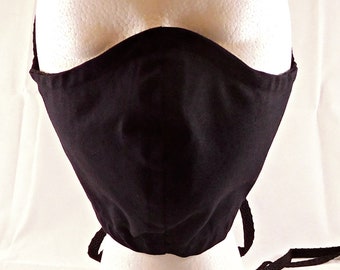 Solid Black Dust Mask, Men's size, 100% Cotton with Nose Wire and Filter Pocket, Handmade in the USA!