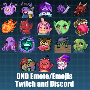 May include: A collection of 16 colorful digital illustrations of Dungeons and Dragons (D&D) characters and objects. The illustrations include a purple and green octopus, a red dragon, a green goblin, a purple and green dice, a red and green dice, a green owl, a purple and green chest, a purple and green snail, a purple and green monster, a red and green monster, a green and red monster, a green and red monster, a green and red monster, a green and red monster, a green and red monster, and a green and red monster. The text "DND Emote/Emojis Twitch and Discord" is at the bottom of the image.