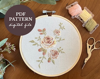 Patrón de bordado de rosas vintage / Bordado floral digital / Patrón PDF / Patrón de costura a mano / Rosas del mes de nacimiento de junio