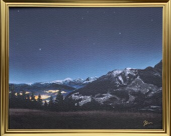 8x10 Pintura estrellada Mountain Art Print, Nature Print, Landscape Art, Rural Art Print, Painting, Night Landscape, Starry Night