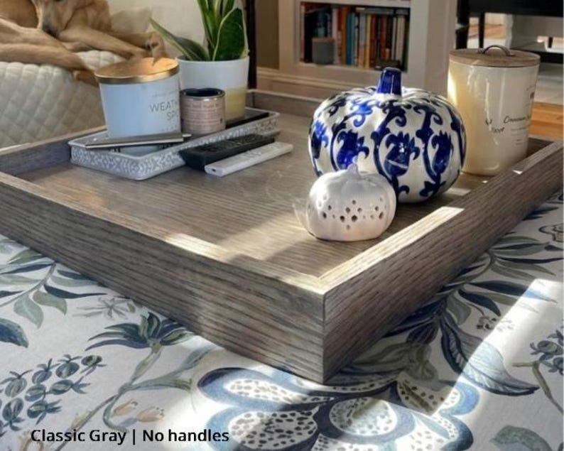 Large Oak Ottoman Tray with Handles | Farmhouse Coffee Table Centerpiece image 12
