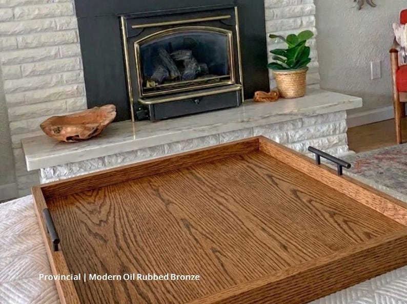 Large Oak Ottoman Tray with Handles | Farmhouse Coffee Table Centerpiece image 14
