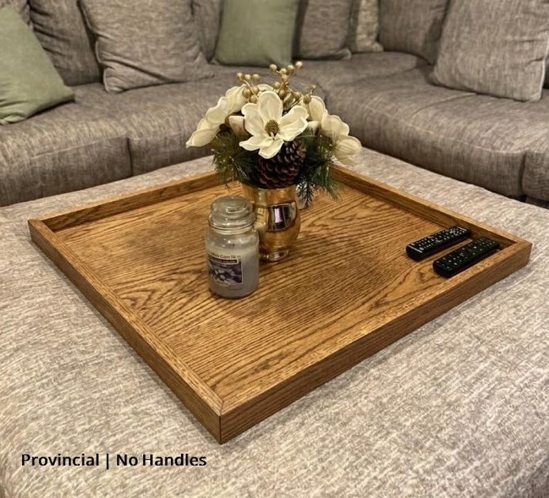 Large Oak Ottoman Tray with Handles | Farmhouse Coffee Table Centerpiece image 13