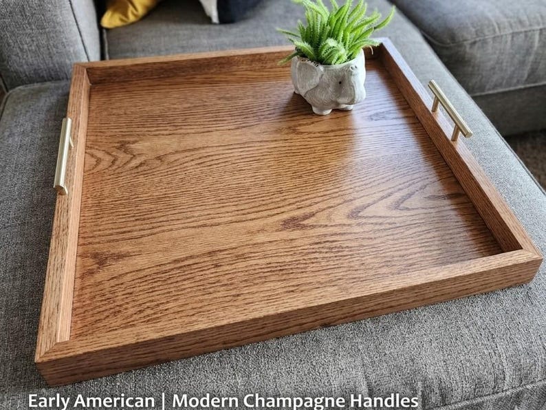 Large Oak Ottoman Tray with Handles | Farmhouse Coffee Table Centerpiece image 2