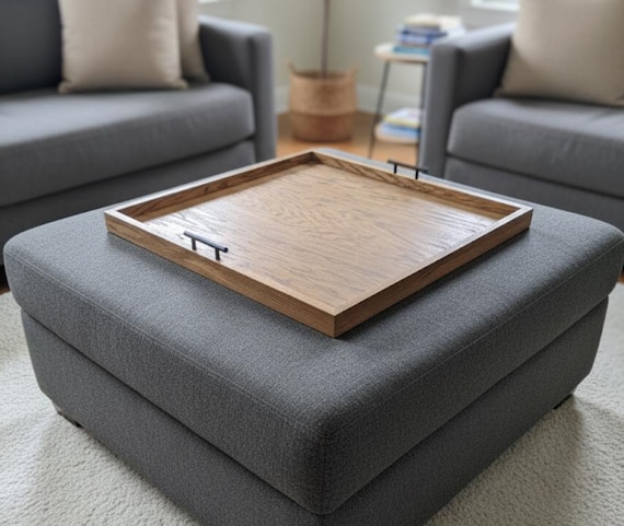 Large Oak Ottoman Tray with Handles | Farmhouse Coffee Table Centerpiece