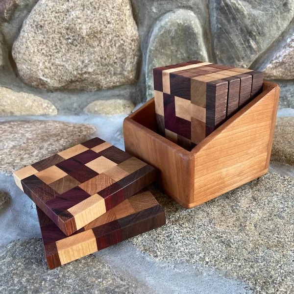 Exotic Hardwood Drink Coasters, Handmade with Maple, Cherry, Purple Heart, Padauk, White Oak & Walnut Wood, Multicolor Wooden Coaster Sets