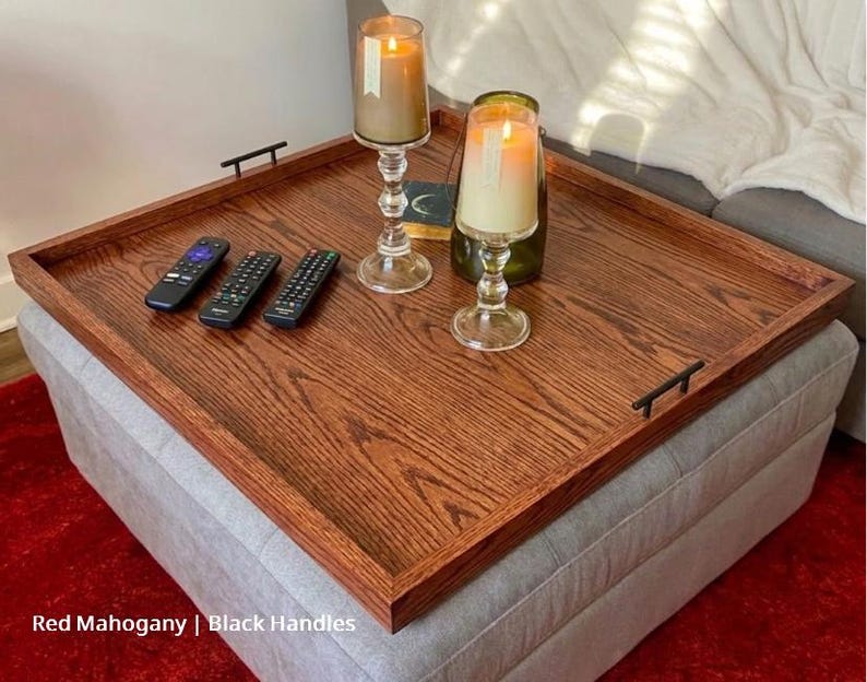 Large Oak Ottoman Tray with Handles | Farmhouse Coffee Table Centerpiece image 11