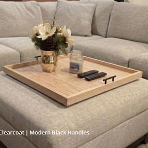 Large Oak Ottoman Tray with Handles | Farmhouse Coffee Table Centerpiece image 7