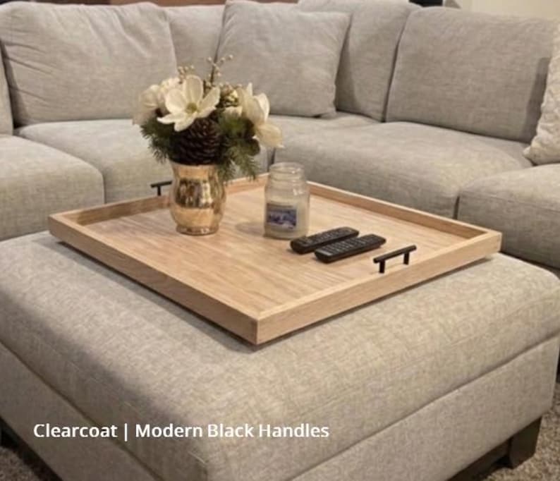 Large Oak Ottoman Tray with Handles | Farmhouse Coffee Table Centerpiece image 7