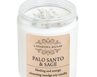 Palo Santo + Sage Smudge Soy Candle with Natural Crushed Sage Leafs for Healing & Energy Cleansing |Home Cleansing Candle