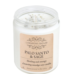 Palo Santo + Sage Smudge Soy Candle with Natural Crushed Sage Leafs for Healing & Energy Cleansing |Home Cleansing Candle