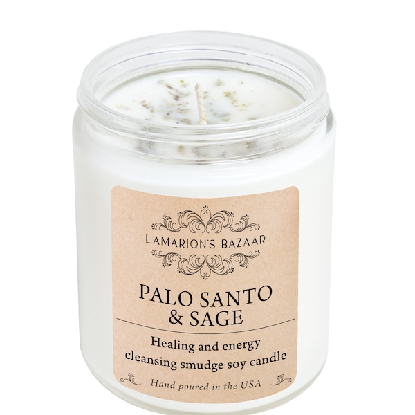 Palo Santo + Sage Smudge Soy Candle with Natural Crushed Sage Leafs for Healing & Energy Cleansing |Home Cleansing Candle