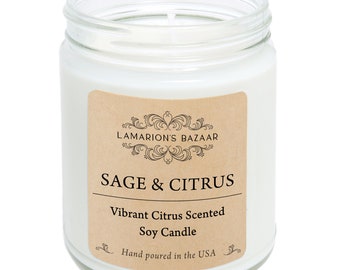 Sage & Citrus Scented Candle - Vibrant Citric Soy Candle - Handcrafted Grounding and Uplifting Citrus Unisex fragranced Candle