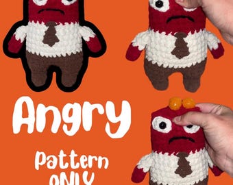 May include: Crocheted Angry character from the movie Inside Out. The character is red with a white shirt, brown pants, and a brown tie. The text "Angry Pattern ONLY" is displayed on an orange background.