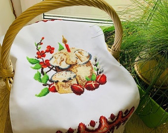 Wiosenny wystrój wielkanocny, ręcznie robiona zroszony osłona koszyka wielkanocnego, ukraiński haftowany ręcznik wielkanocny, ukraińska osłona koszyka, osłona koszyka wielkanocnego