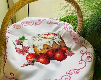 Wiosenny wystrój wielkanocny, ręcznie robiona zroszony osłona koszyka wielkanocnego, ukraiński haftowany ręcznik wielkanocny, ukraińska osłona koszyka, osłona koszyka wielkanocnego