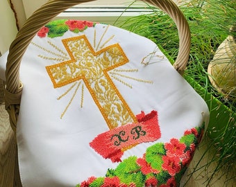 Wiosenny wystrój wielkanocny, ręcznie robiona zroszony osłona koszyka wielkanocnego, ukraiński haftowany ręcznik wielkanocny, ukraińska osłona koszyka, osłona koszyka wielkanocnego