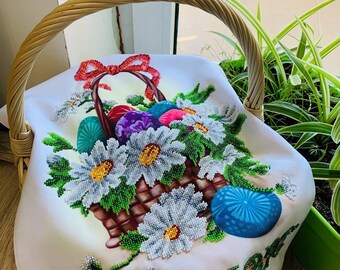 美しいイースターギフトタオル、手作りビーズイースターバスケットカバー、ウクライナイースター手作りナプキン、ウクライナバスケットカバー、イースターバスケットカバー