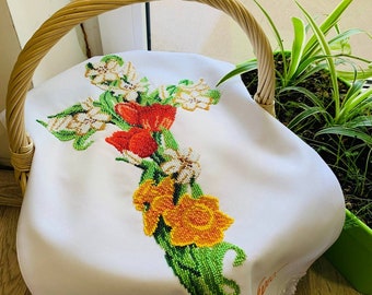 Cubierta de cesta de Pascua con cuentas hecha a mano, toalla bordada de Pascua ucraniana, rushnyk de Pascua, cubierta de cesta ucraniana, toalla de Pascua Cristo ha resucitado