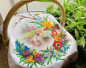 Easter Orthodox basket cover, Beautiful easter gift towel, Handmade beaded Easter basket cover, Easter Handmade napkin, Easter basket cover