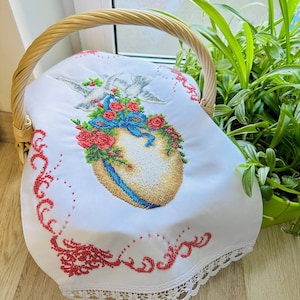 Spring easter decor, Handmade beaded Easter basket cover, Ukrainian Easter embroidered towel, Ukrainian Basket Cover, Easter basket cover