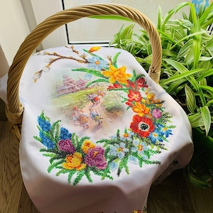 Easter Orthodox basket cover, Beautiful easter gift towel, Handmade beaded Easter basket cover, Easter Handmade napkin, Easter basket cover