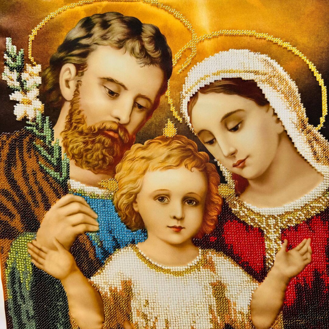 THE HOLY FAMILY Finished Beaded Artwork, Hand Embroidered Icon ...