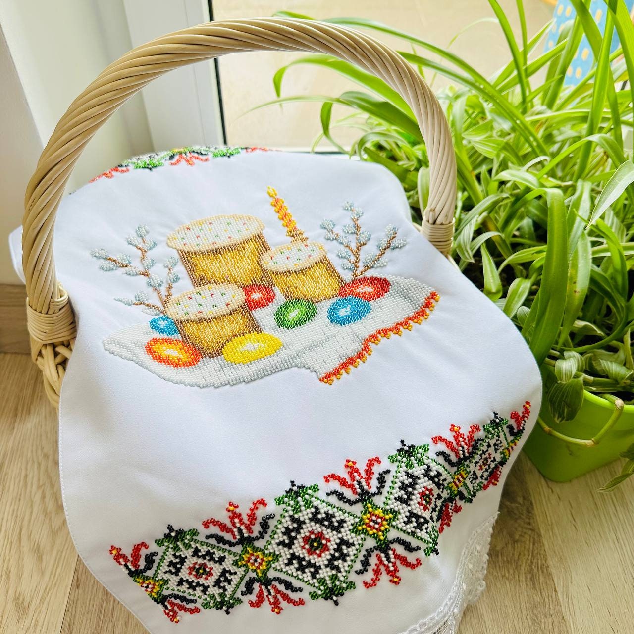 Hand Embroidery Beads Easter Basket Cover / towel with Ukrainian flag 49x33cm main image 1