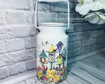 Milk canister, enamel pitcher,milk can, vintage enamelware canister for farmhouse decor, milk aluminum can, Vintage decoupage aluminum can