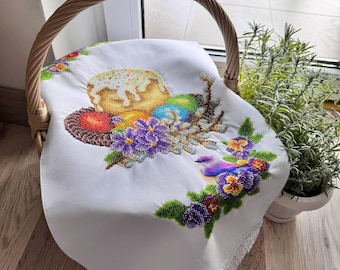 Easter Orthodox basket cover, Handmade Easter towel embroidered with beads, Beaded Easter towel for a basket, Handmade beaded basket cover