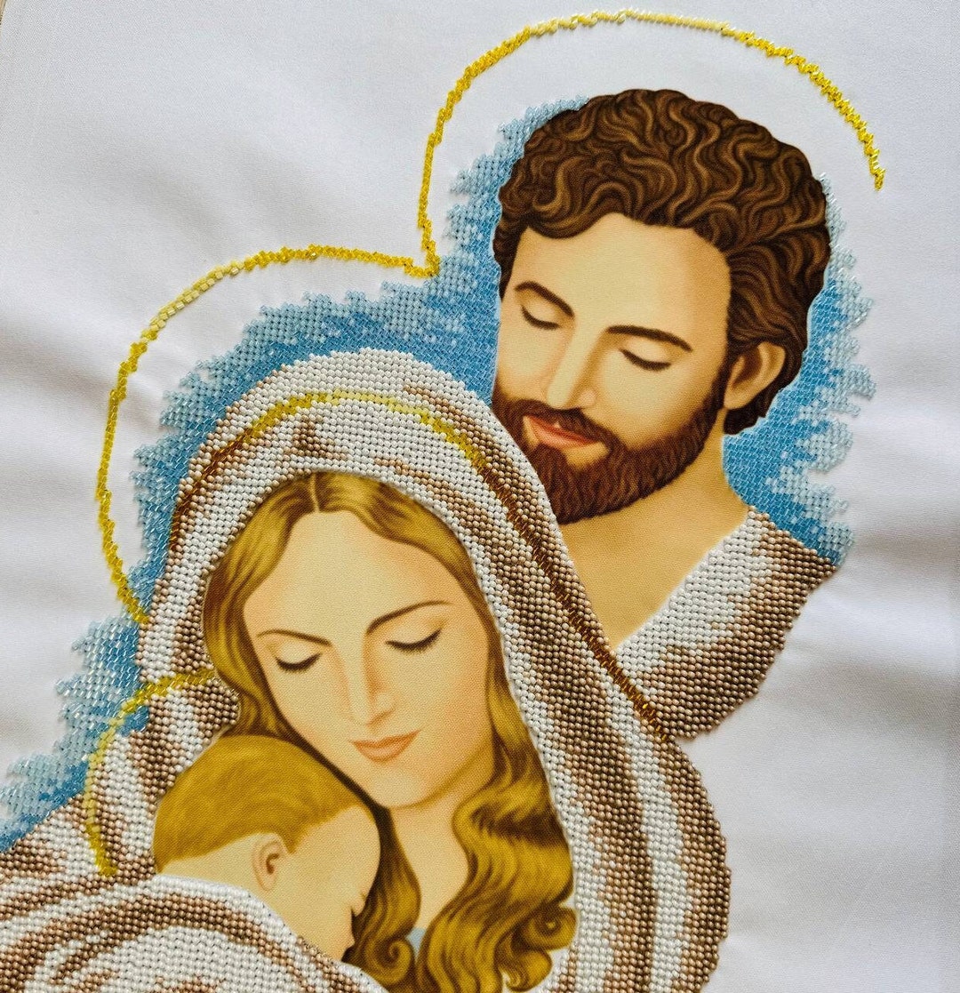 THE HOLY FAMILY Finished Beaded Artwork, Hand Embroidered Icon ...