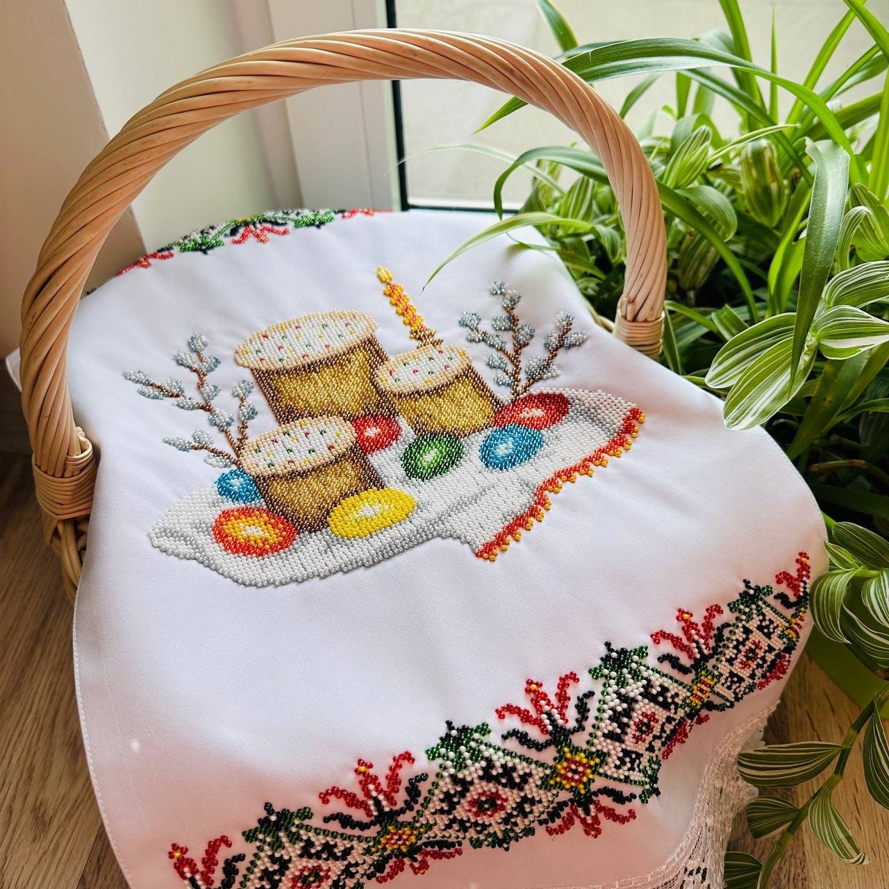 Hand Embroidery Beads Easter Basket Cover / towel with Ukrainian flag 49x33cm