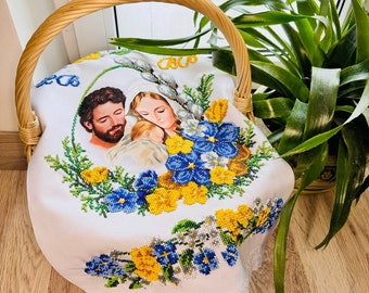 Easter Orthodox basket cover, Handmade Easter towel embroidered with beads, Beaded Easter towel for a basket, Handmade beaded basket cover