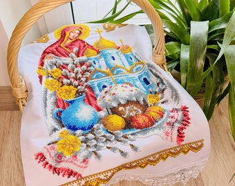 Easter Orthodox basket cover, Handmade Easter towel embroidered with beads, Beaded Easter towel for a basket, Handmade beaded basket cover