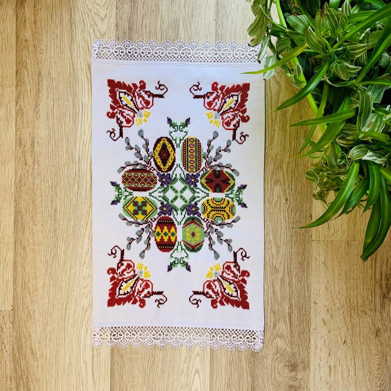 Hand Embroidery Beads Easter Basket Cover / towel with bird 47x33cm main image 1